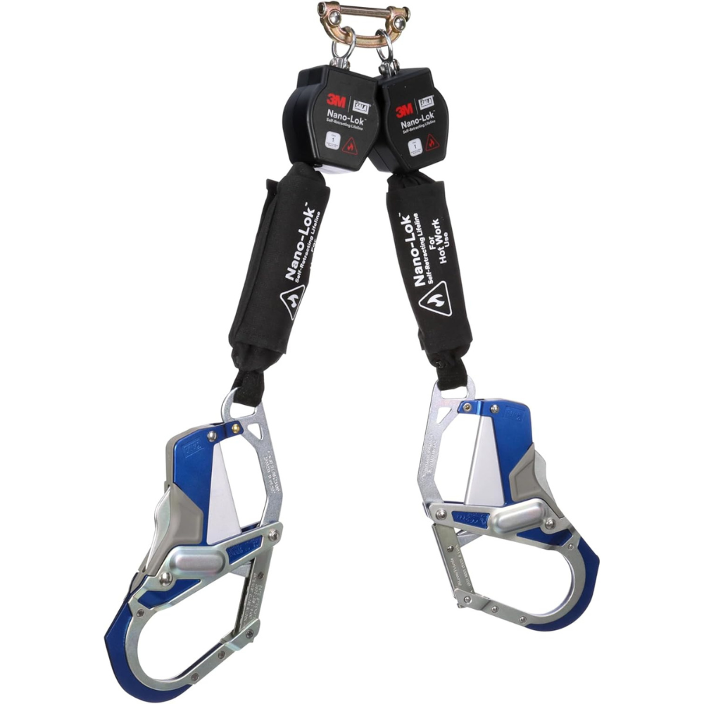 3M DBI-SALA Nano-Lok Twin-Leg Hot Work Self-Retracting Lifeline, Web & Steel Comfort Grip Hook from GME Supply